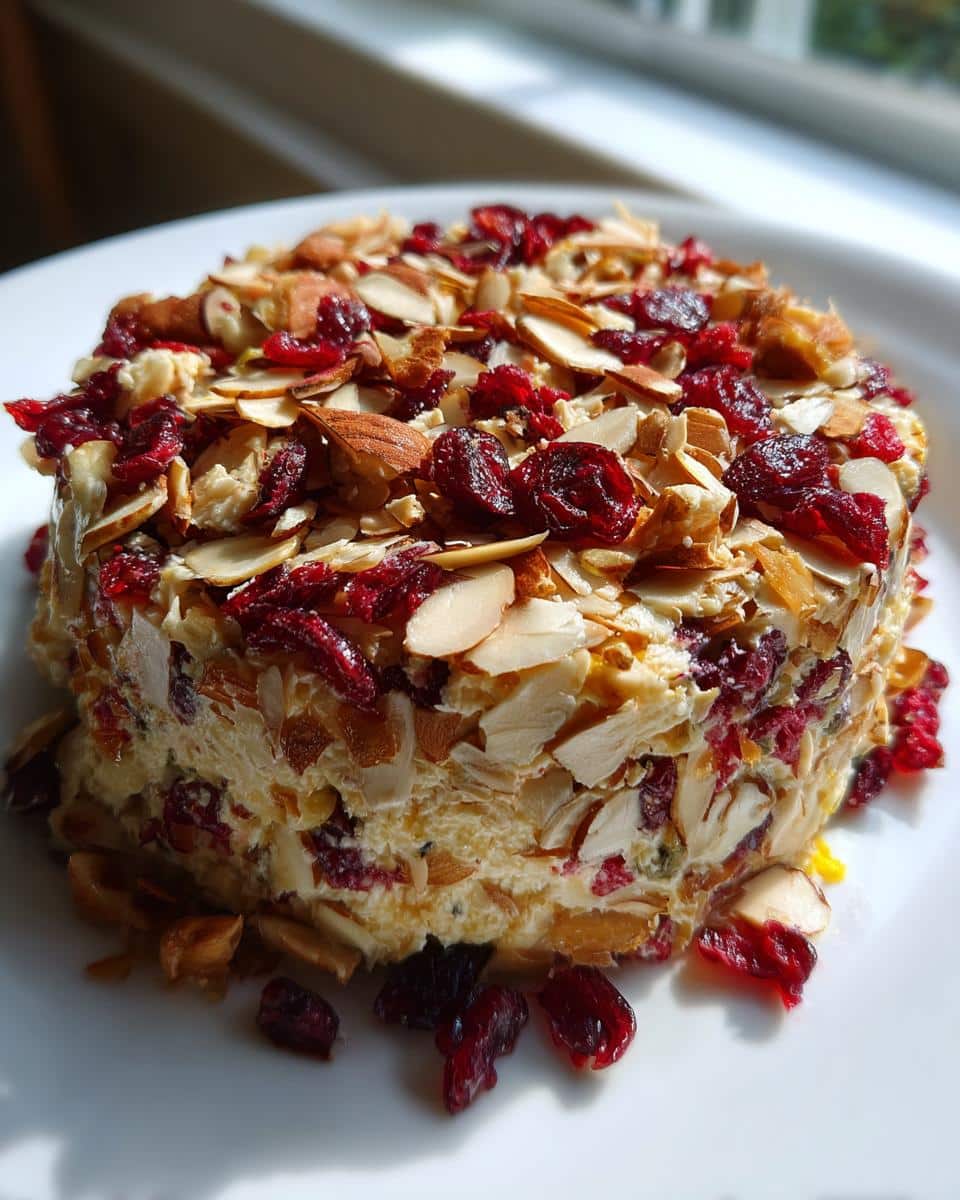 Close-up of the Orange-Cranberry Almond Cheese Wheel coated in sliced almonds and dried cranberries.