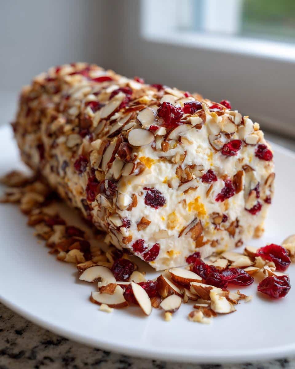 A log-shaped Orange-Cranberry Almond Cheese Wheel coated in sliced almonds and dried cranberries on a white plate.