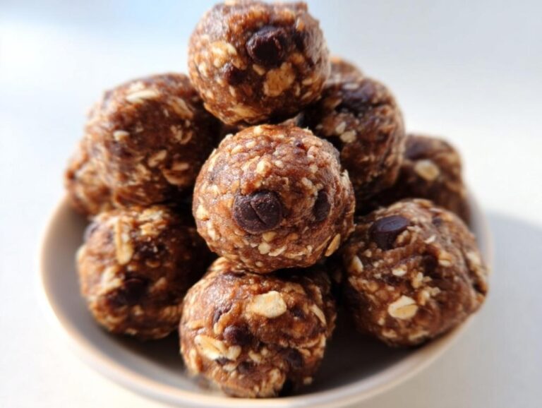 A stack of homemade Peanut Butter Chocolate Energy Bites, visible oats and chocolate chips, served on a small plate.
