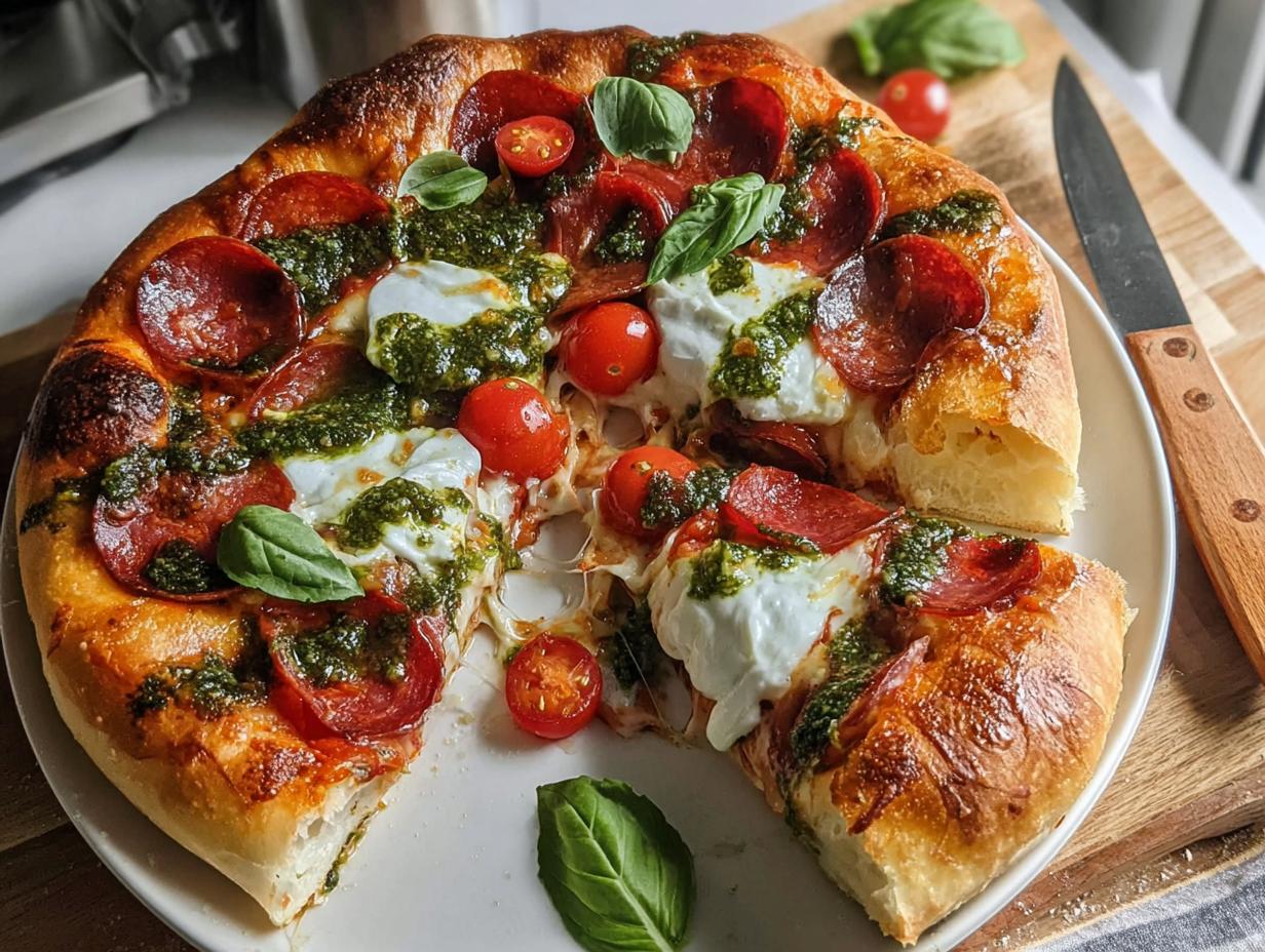 A freshly baked Pepperoni & Burrata Pizza with Pesto, featuring thick crust, melted cheese, and cherry tomatoes.