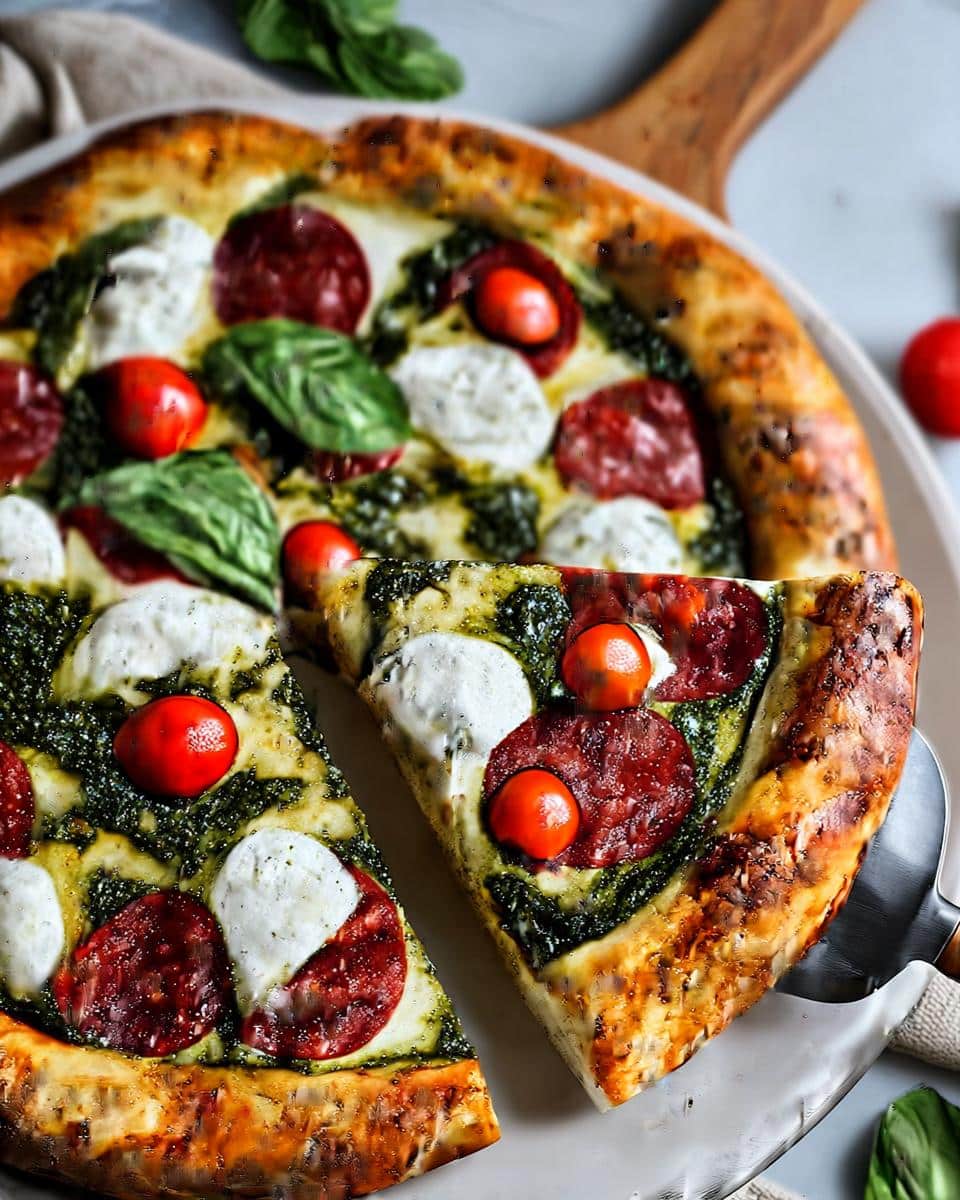 A slice being lifted from a Pepperoni & Burrata Pizza with Pesto, showing pepperoni, white burrata, cherry tomatoes, and green pesto.
