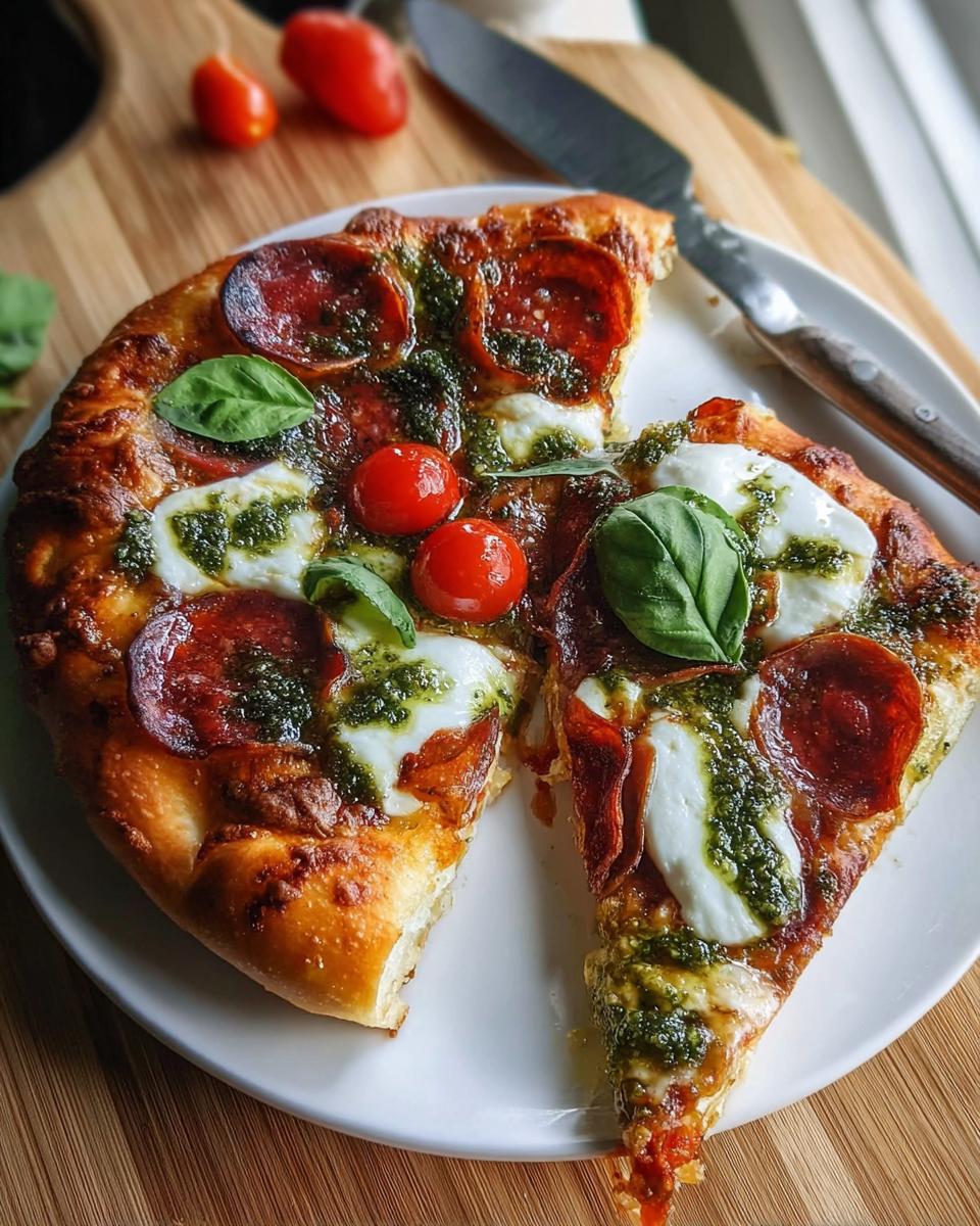 Close-up of a slice of Pepperoni & Burrata Pizza with Pesto, topped with fresh basil.