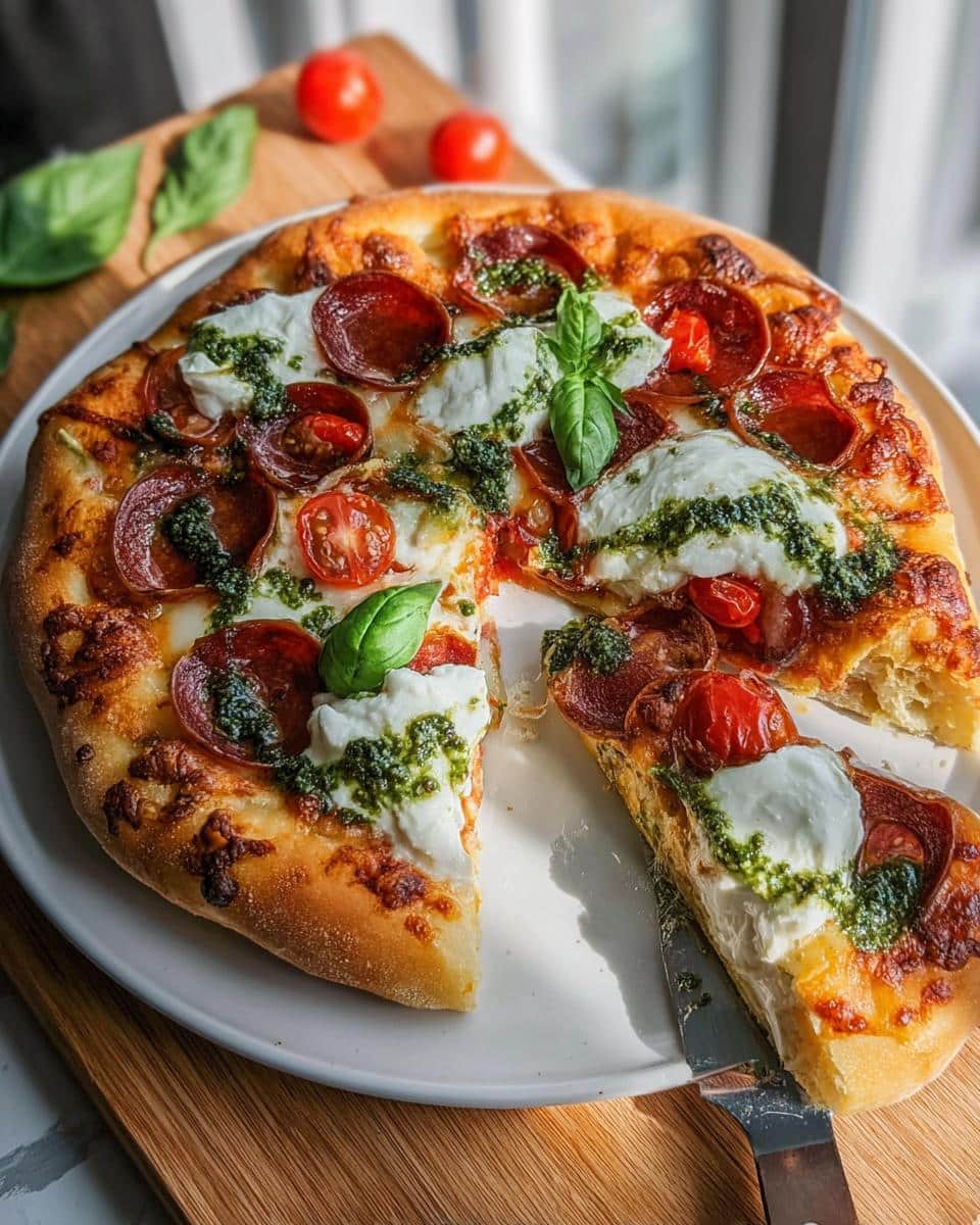 A freshly baked Pepperoni & Burrata Pizza with Pesto, topped with fresh basil, sliced tomatoes, and a thick crust.