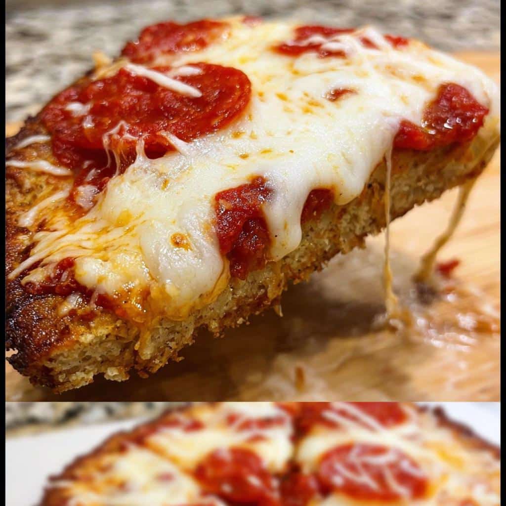 Close-up of a slice of pepperoni pizza showing melted cheese stretching from the Almond Flour Keto Pizza Crust.