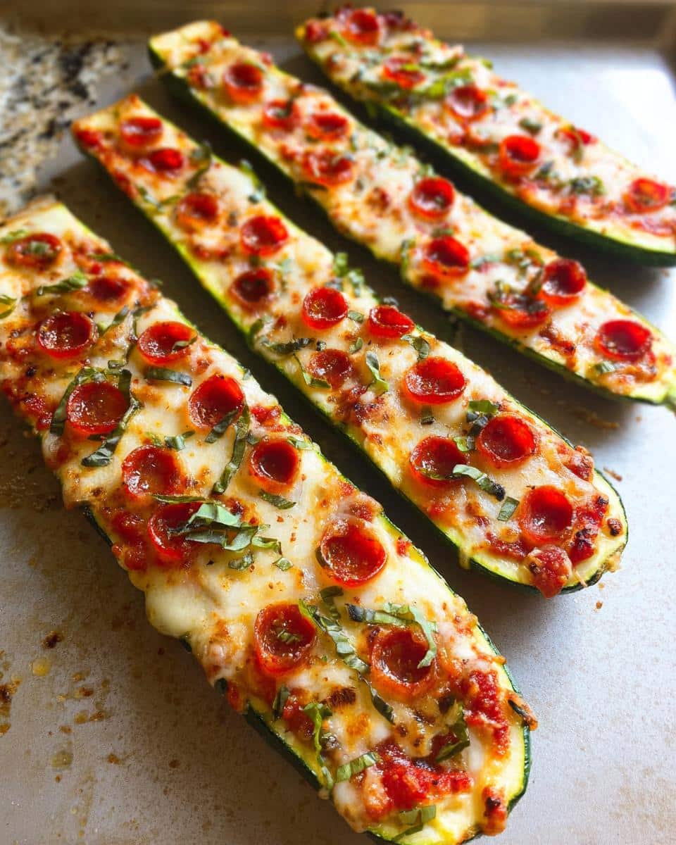 Four baked Zucchini Pizza Boats topped with melted cheese, pepperoni slices, and fresh basil on a baking sheet.