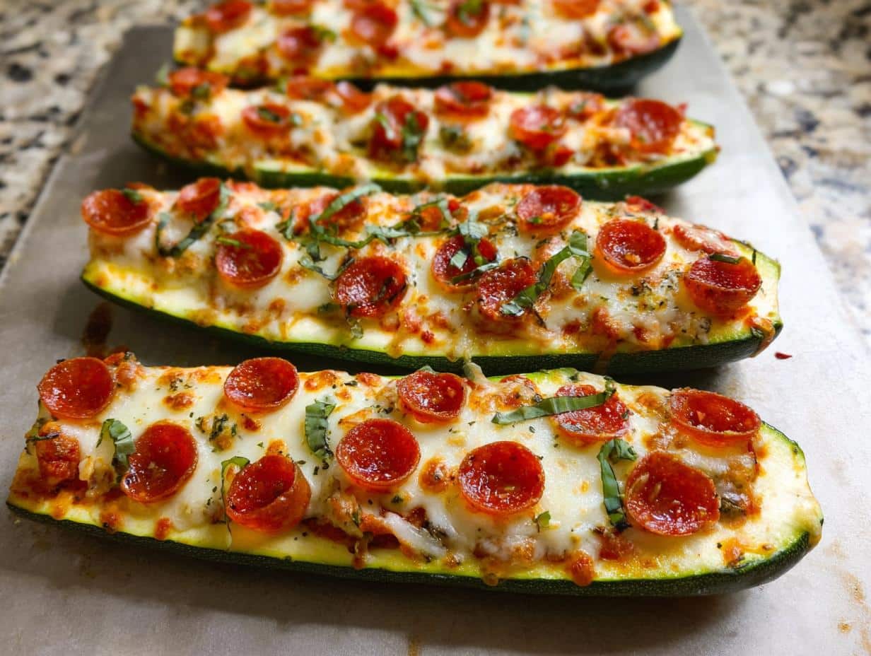 Four baked Zucchini Pizza Boats topped with melted cheese, pepperoni, and fresh basil.