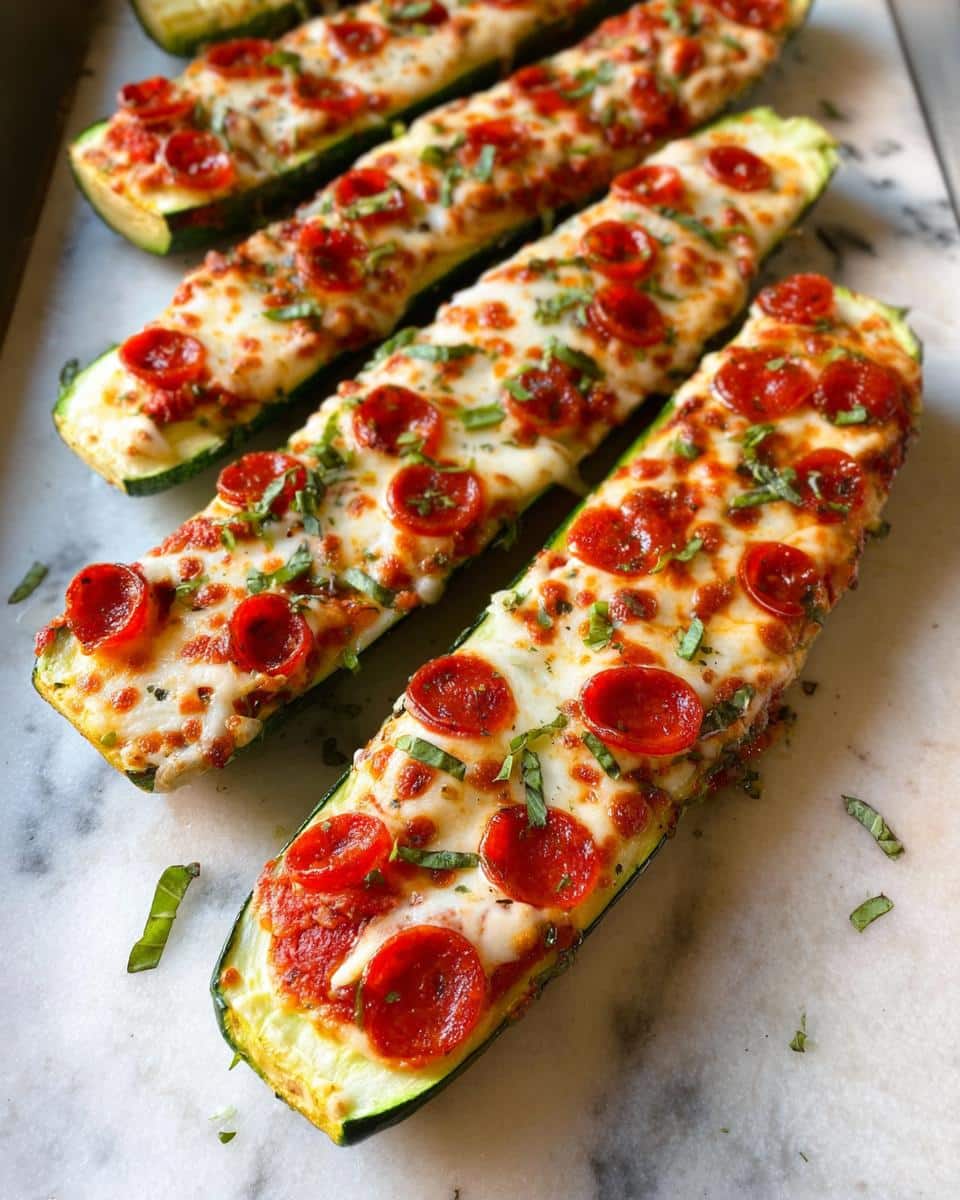 Four baked Zucchini Pizza Boats topped with melted mozzarella, pepperoni, and fresh basil.