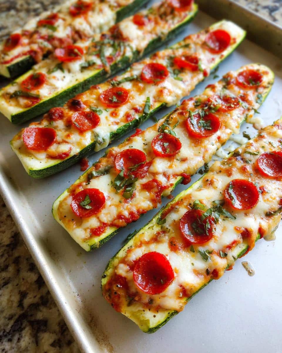 Four baked Zucchini Pizza Boats topped with melted cheese, pepperoni, and basil on a light baking sheet.