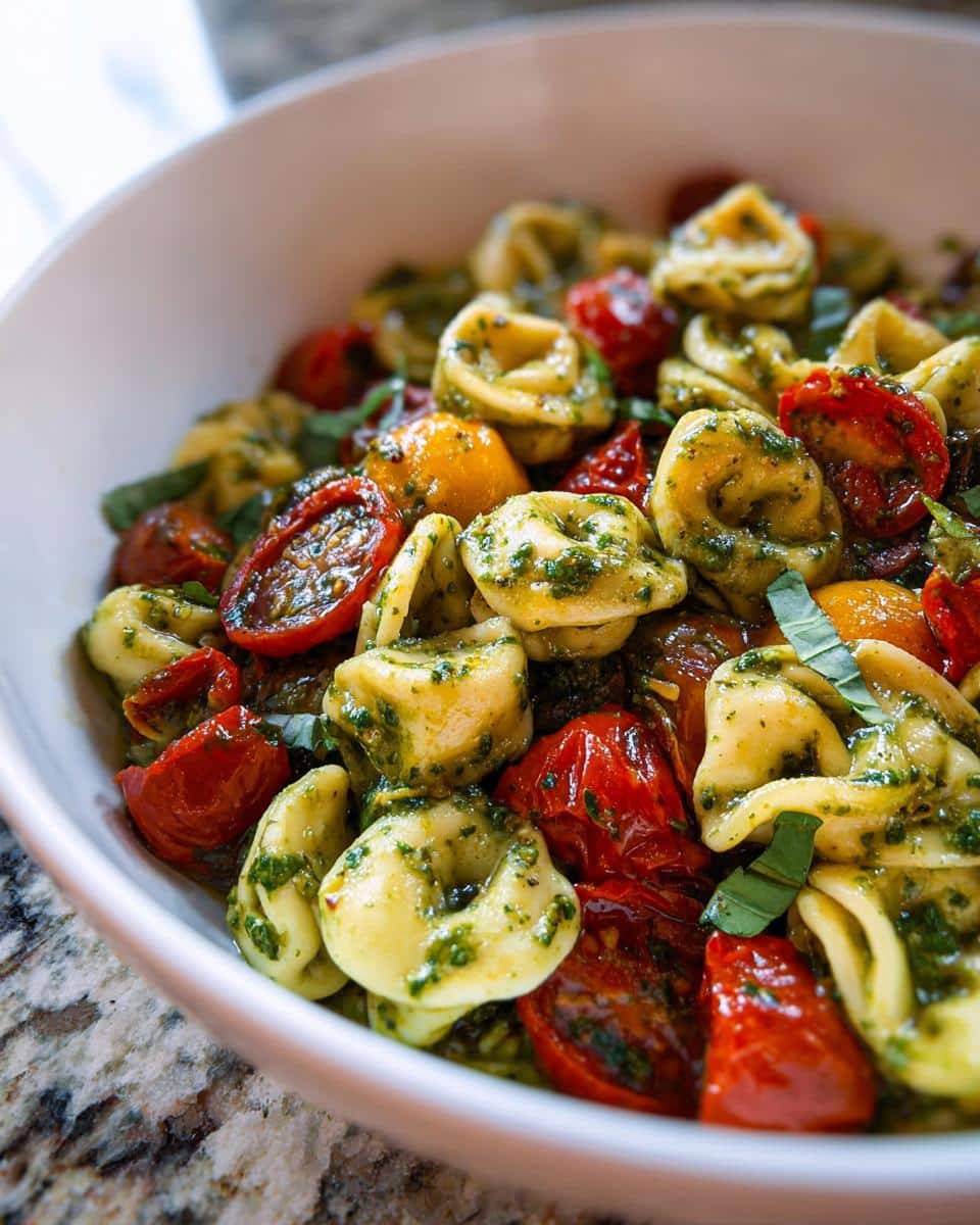 A close-up view of Pesto Tortellini with Roasted Tomatoes tossed in vibrant green pesto and served in a white bowl.