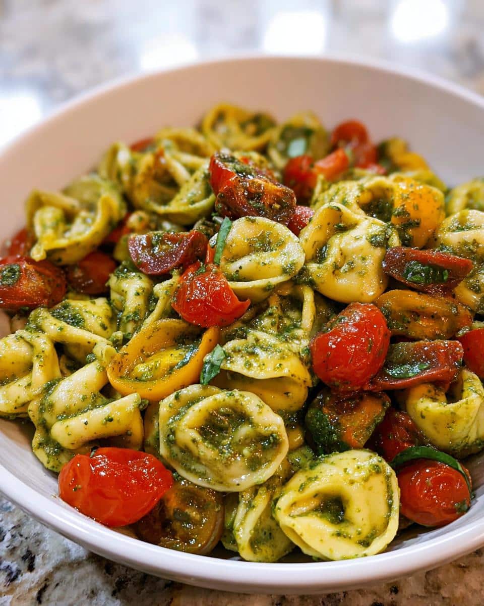 A white bowl filled with Pesto Tortellini with Roasted Tomatoes, coated in vibrant green pesto sauce.
