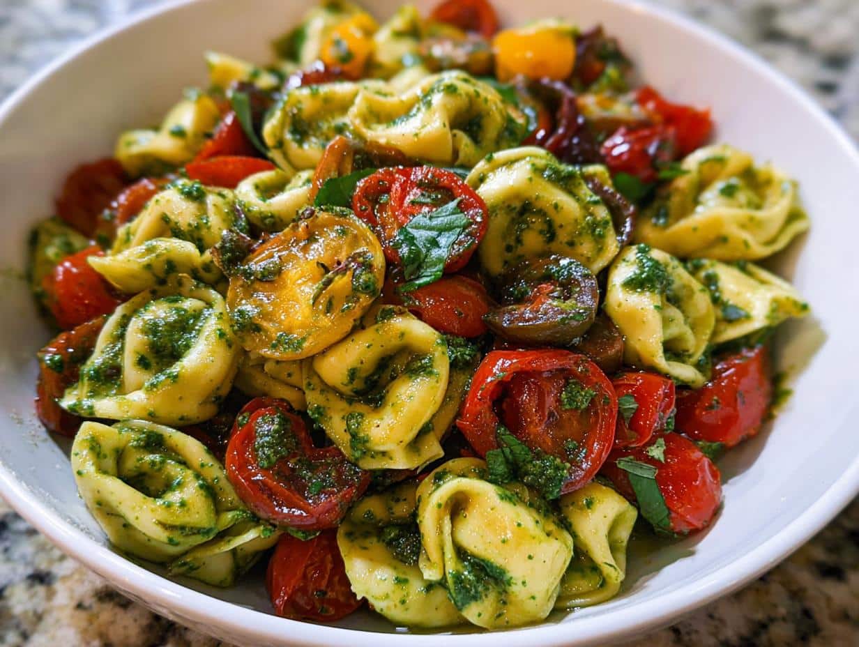 Close-up of Pesto Tortellini with Roasted Tomatoes tossed in vibrant green pesto sauce in a white bowl.
