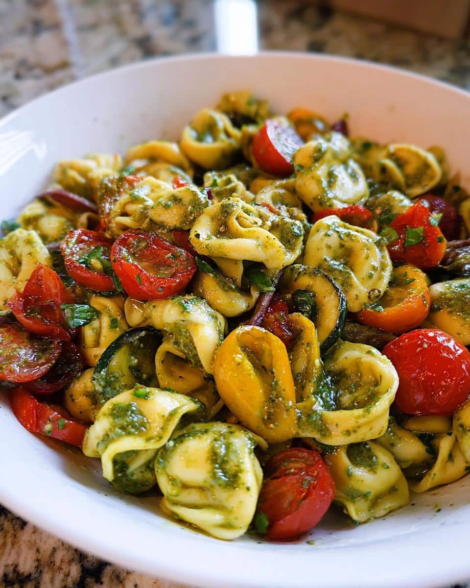 Close-up of a white bowl filled with Pesto Tortellini with Roasted Tomatoes and zucchini.