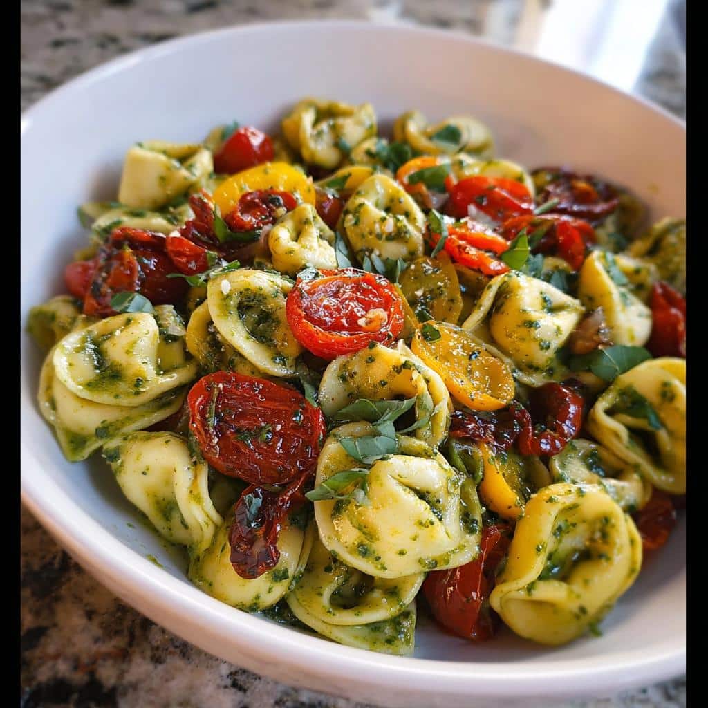A close-up of Pesto Tortellini with Roasted Tomatoes tossed in a white bowl, garnished with fresh basil.