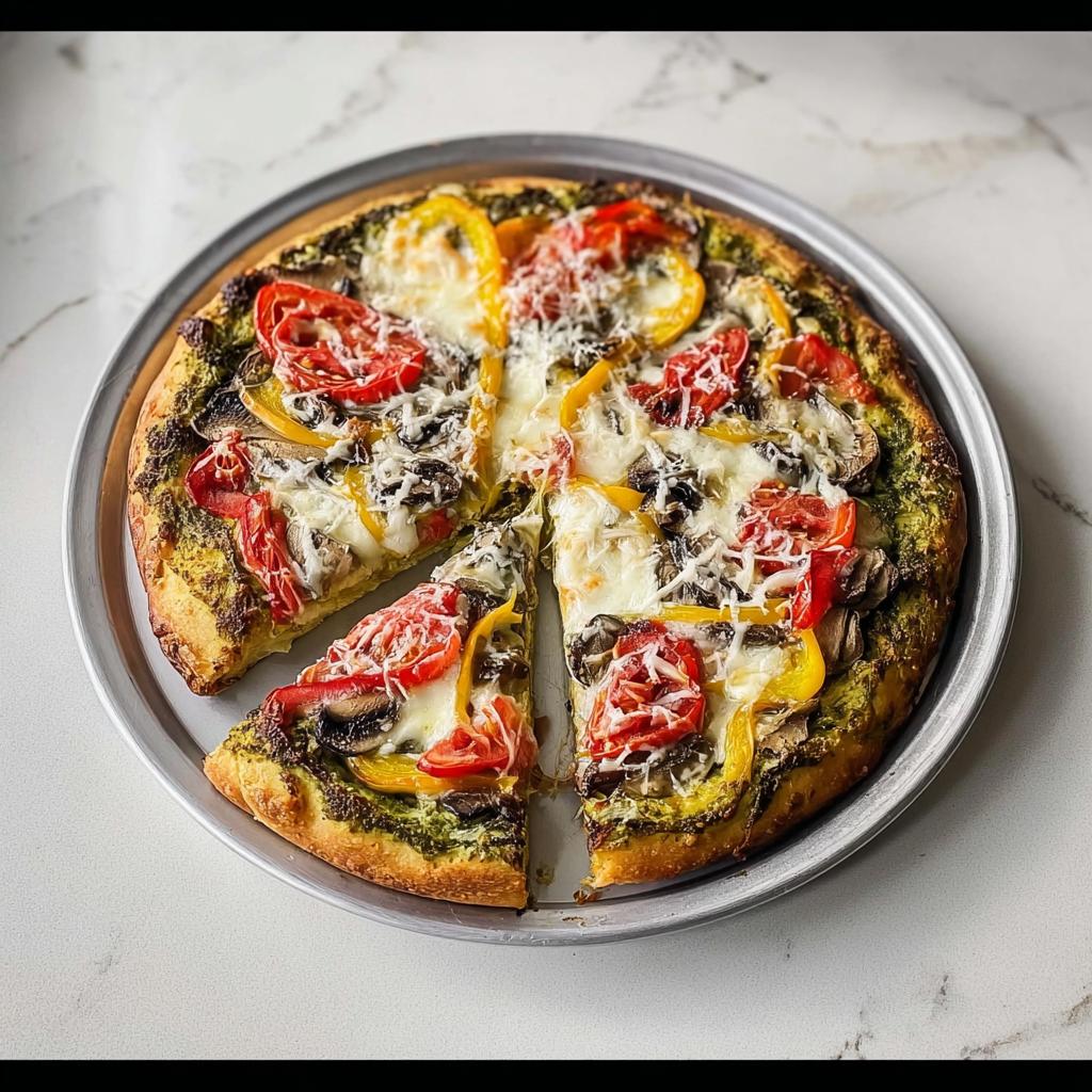A freshly baked Pesto Veggie Pizza topped with mozzarella, tomatoes, yellow peppers, and mushrooms on a silver pan.