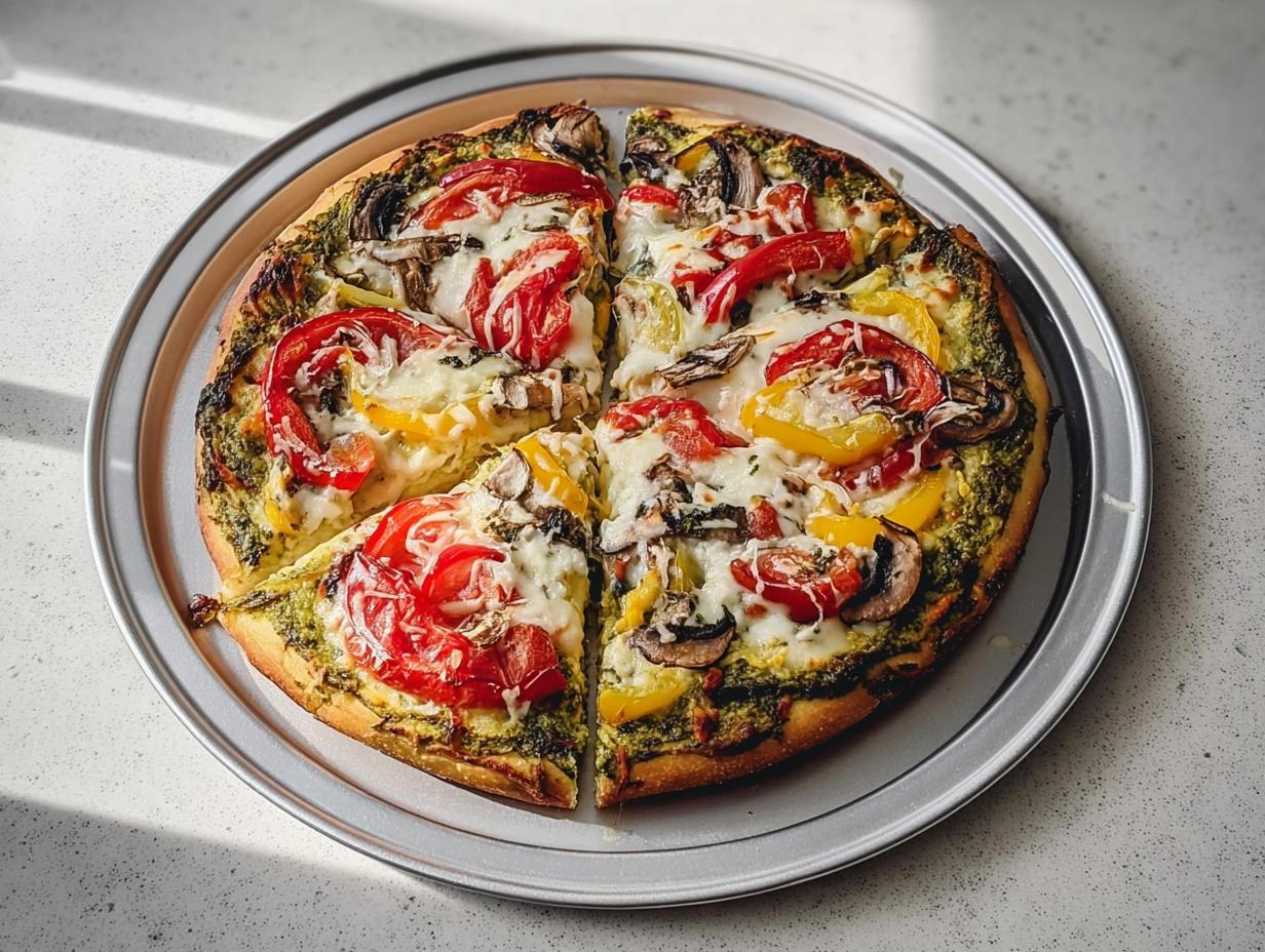 A freshly baked Pesto Veggie Pizza, topped with mozzarella, tomatoes, bell peppers, and mushrooms, sliced into four pieces.