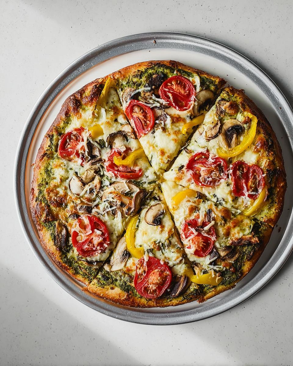 A freshly baked Pesto Veggie Pizza topped with mozzarella, mushrooms, tomatoes, and yellow peppers, sliced on a metal serving tray.