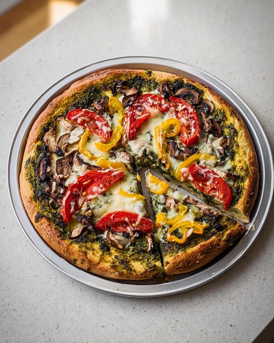 A freshly baked Pesto Veggie Pizza topped with mushrooms, red tomatoes, and yellow peppers on a round metal pan.