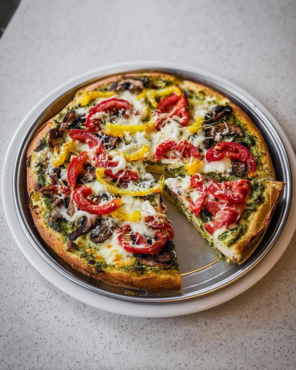 A whole Pesto Veggie Pizza on a metal tray, topped with mozzarella, mushrooms, red and yellow peppers.