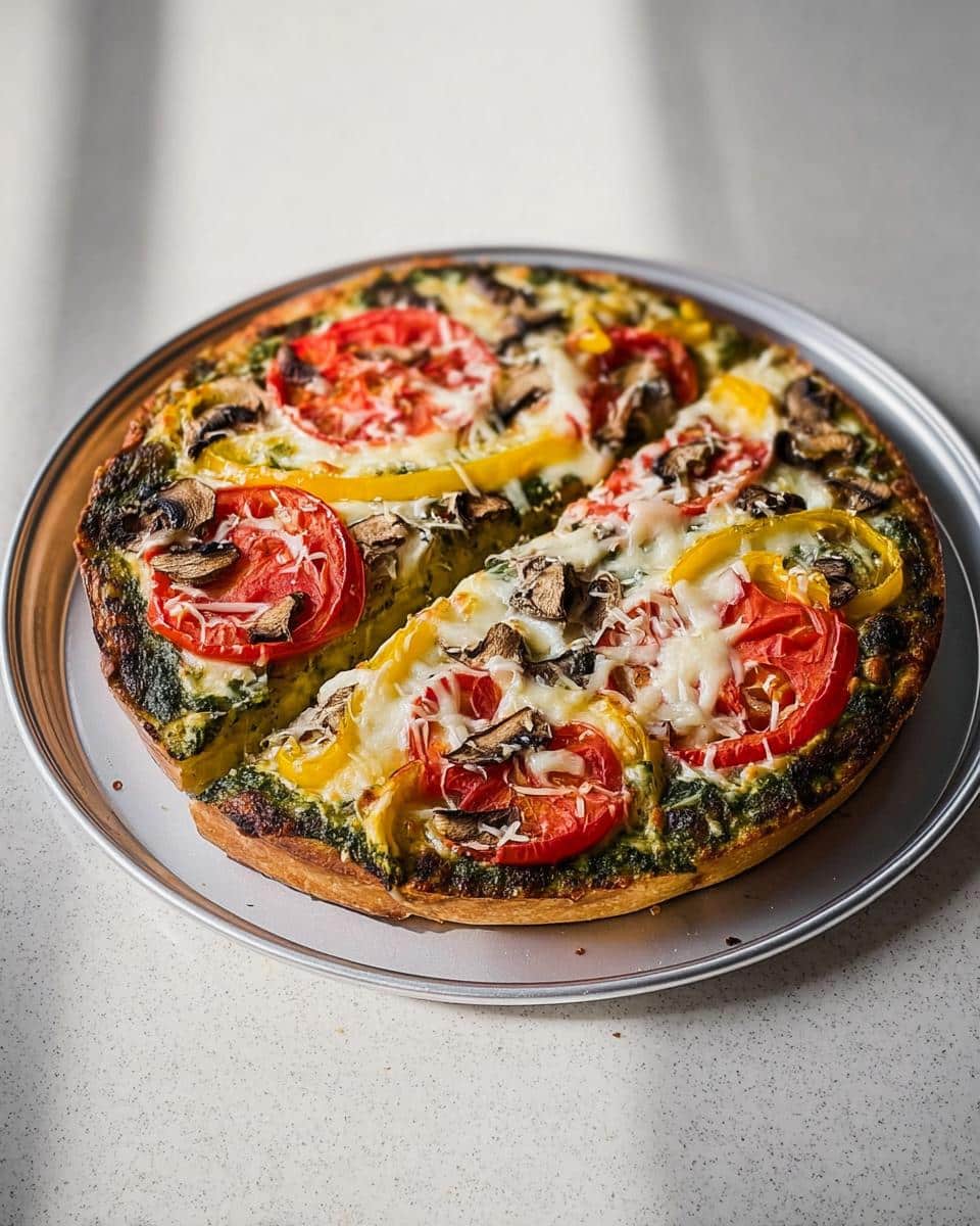 A whole Pesto Veggie Pizza, topped with melted cheese, sliced tomatoes, yellow peppers, and mushrooms, sitting on a metal pan.