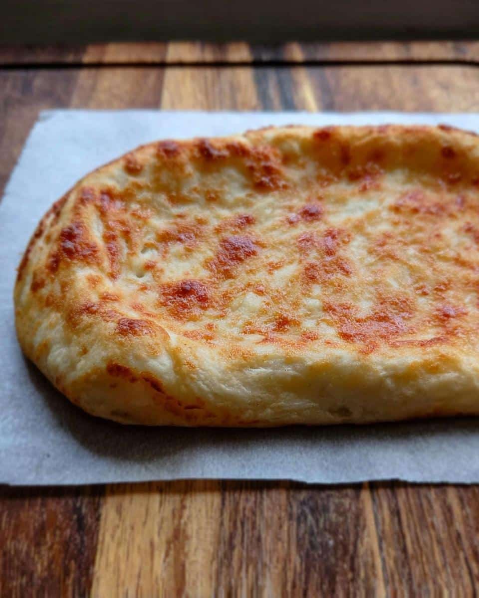 A baked, golden-brown Fathead Dough Keto Pizza crust resting on parchment paper on a wooden surface.