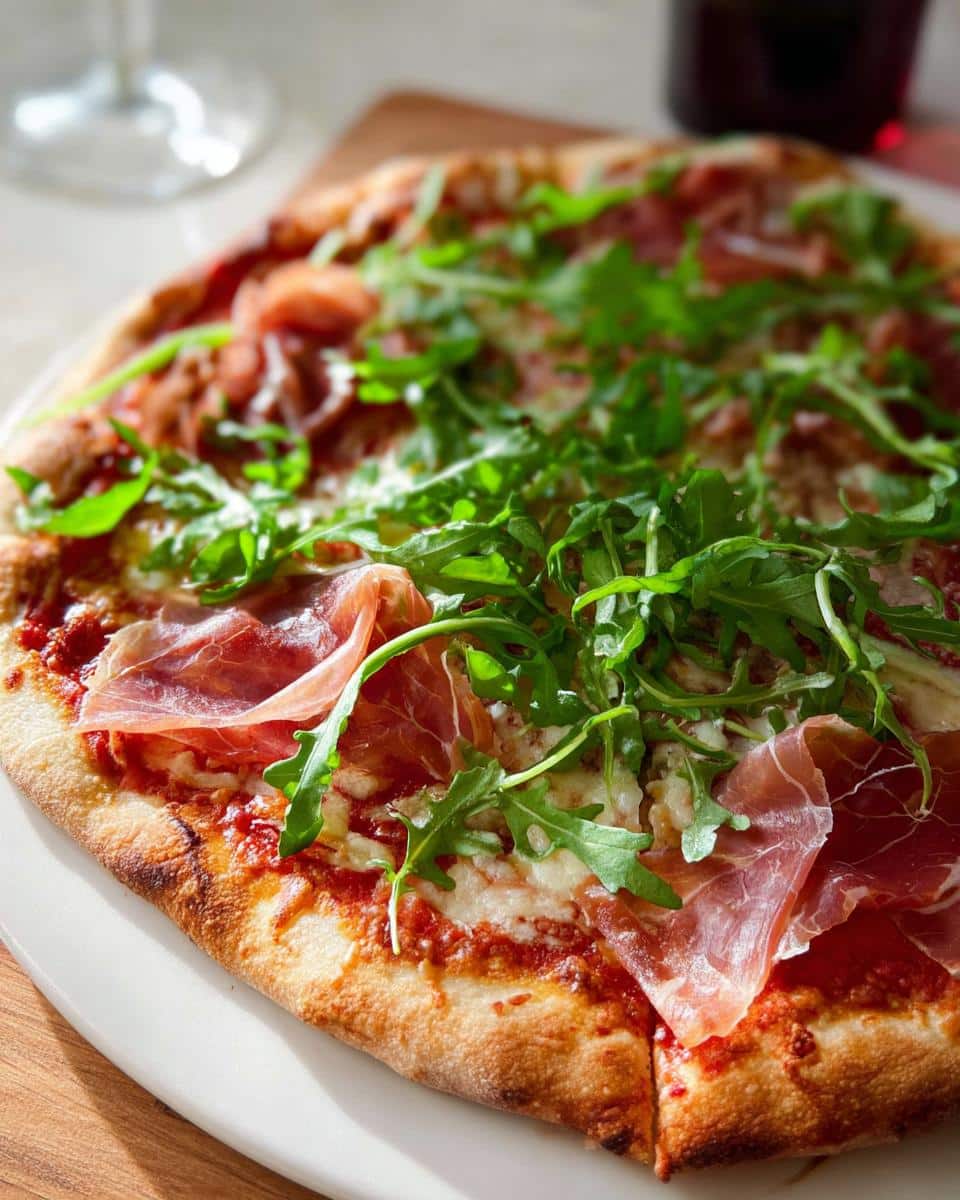 Close-up of a freshly baked Prosciutto & Arugula Pizza topped with melted cheese, thin slices of prosciutto, and fresh greens.
