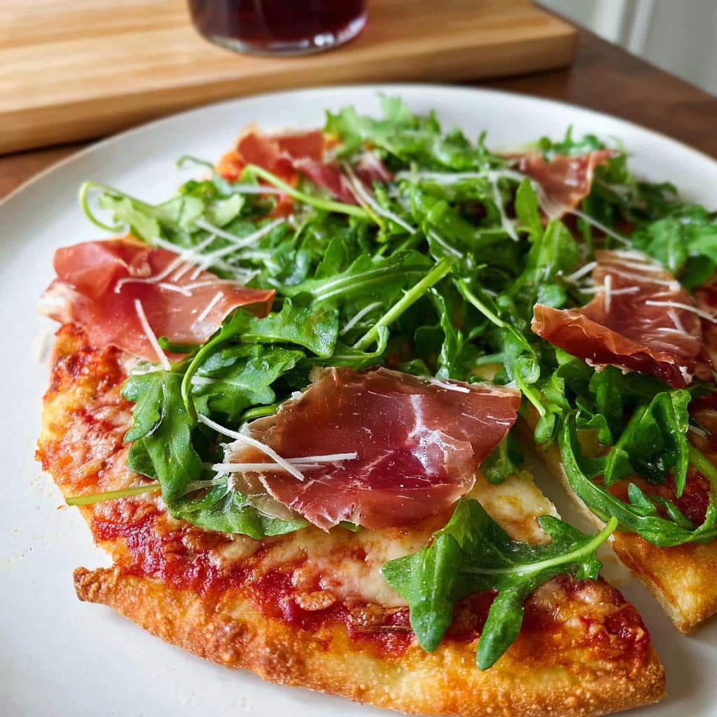 A close-up of a slice of Prosciutto & Arugula Pizza topped with fresh greens and shaved cheese.