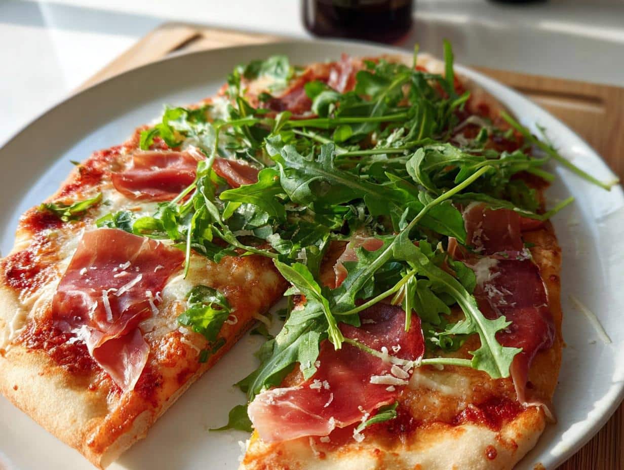 A close-up of a freshly baked Prosciutto & Arugula Pizza topped with shaved cheese, served on a white plate.
