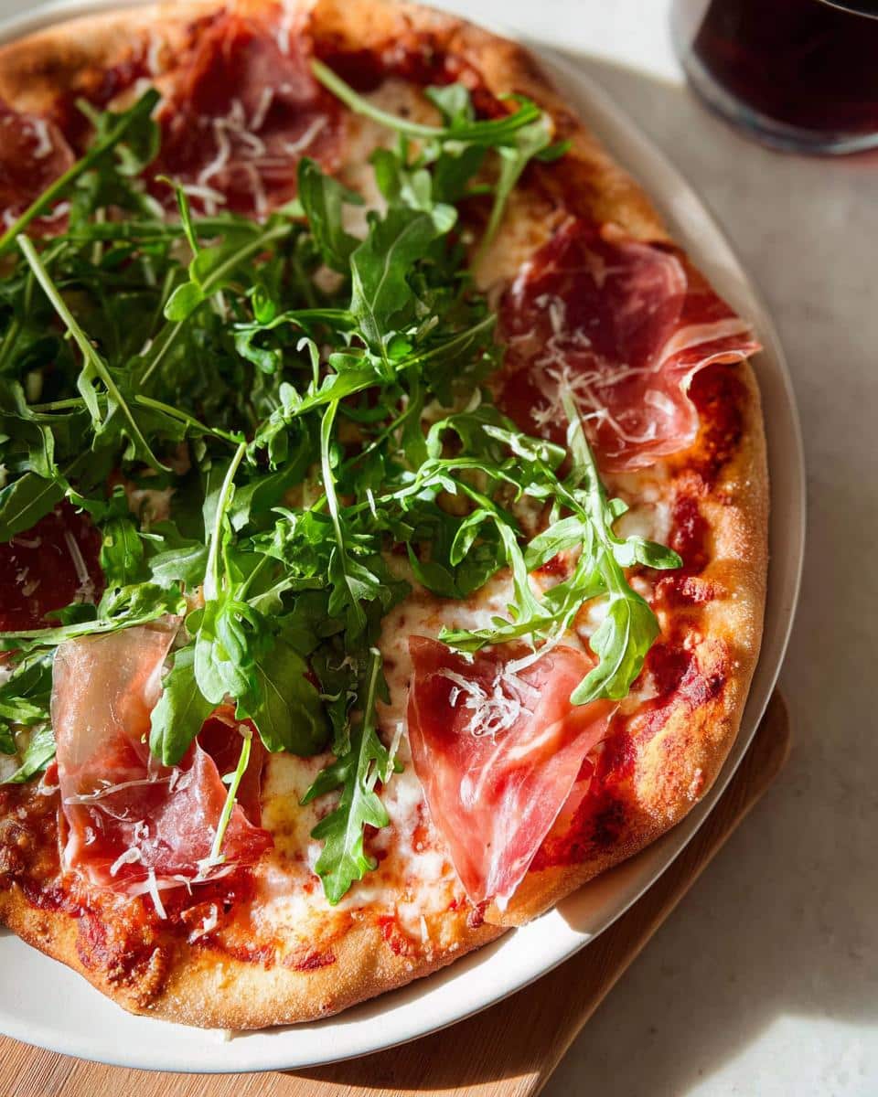 A close-up overhead view of a freshly baked Prosciutto & Arugula Pizza topped with vibrant greens and shaved cheese.