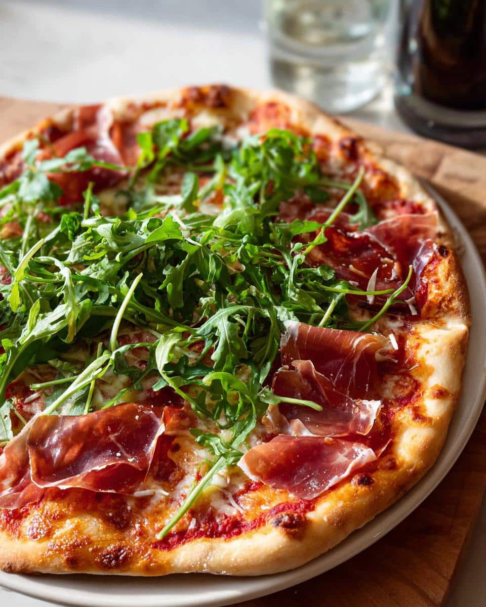 Close-up of a freshly baked Prosciutto & Arugula Pizza topped with melted cheese, thin slices of prosciutto, and a mound of fresh arugula.