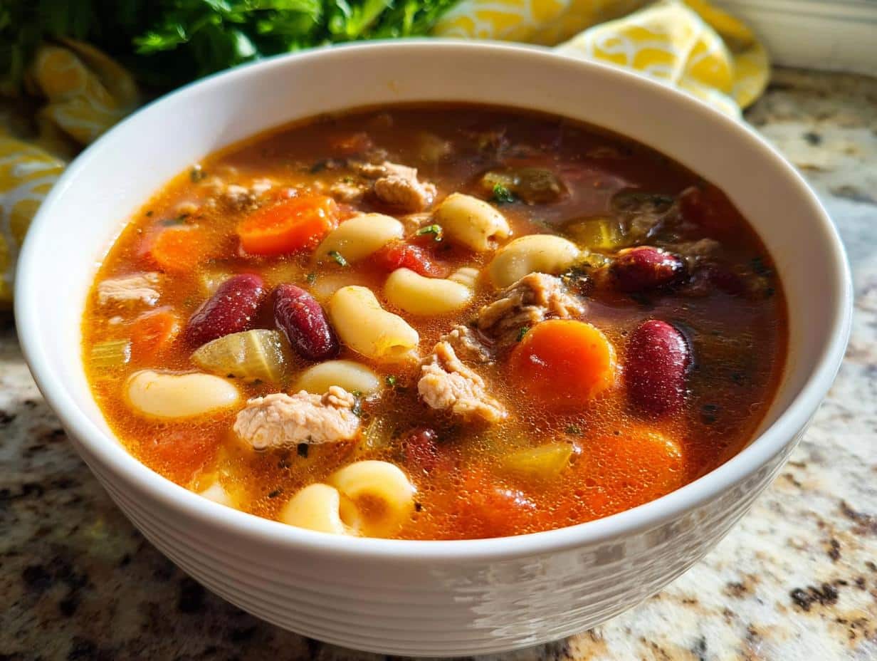 Close-up of a white bowl filled with rich, tomato-based Protein-Packed Minestrone soup featuring beans, carrots, and meat.