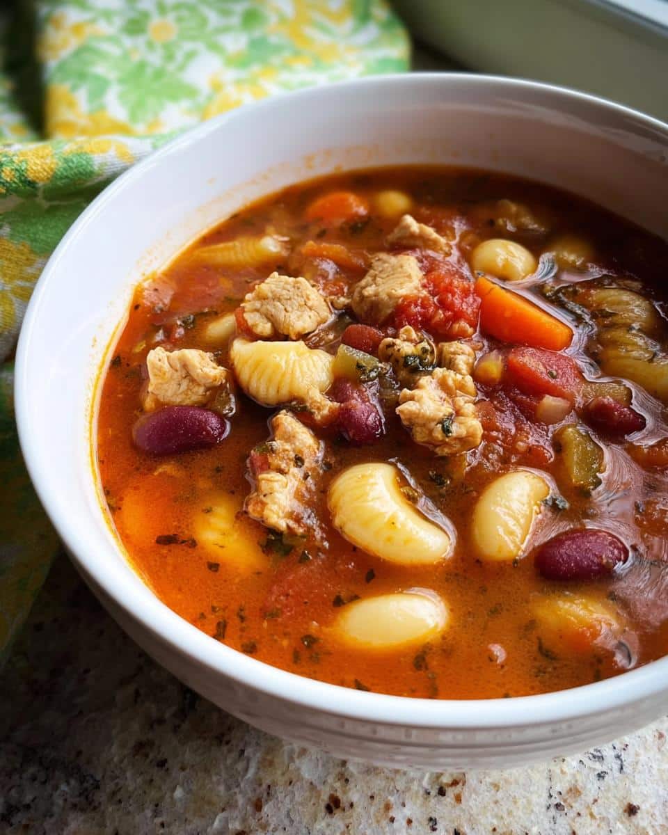 Close-up of a white bowl filled with rich, tomato-based Protein-Packed Minestrone soup featuring beans, pasta, and chunks of meat.