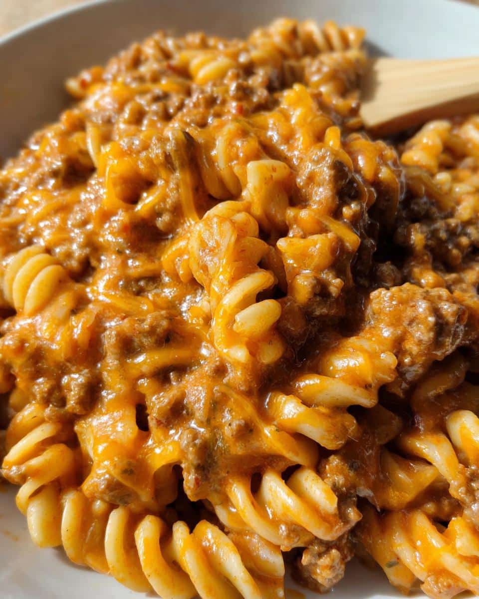 Close-up of rotini pasta mixed with a creamy, cheesy sauce and ground beef, featuring the Protein Pasta with Ground Beef recipe.