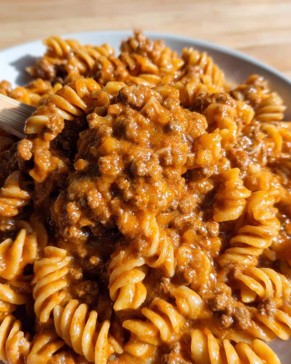 A close-up shot of rotini pasta coated in a rich, creamy, tomato-based sauce with ground beef, making up the Protein Pasta with Ground Beef.