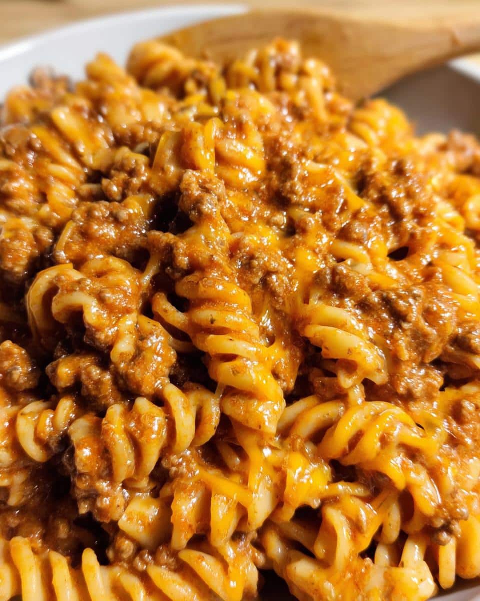 A close-up view of rotini pasta coated in a rich, cheesy sauce mixed with ground beef, featuring the Protein Pasta with Ground Beef recipe.