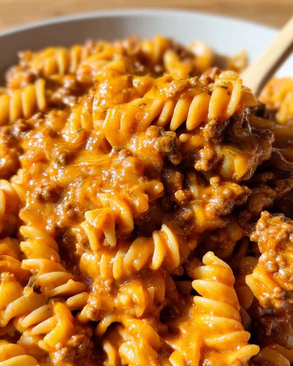 Close-up of rotini pasta coated in a rich, cheesy, tomato-based sauce with ground beef, part of the Protein Pasta with Ground Beef recipe.