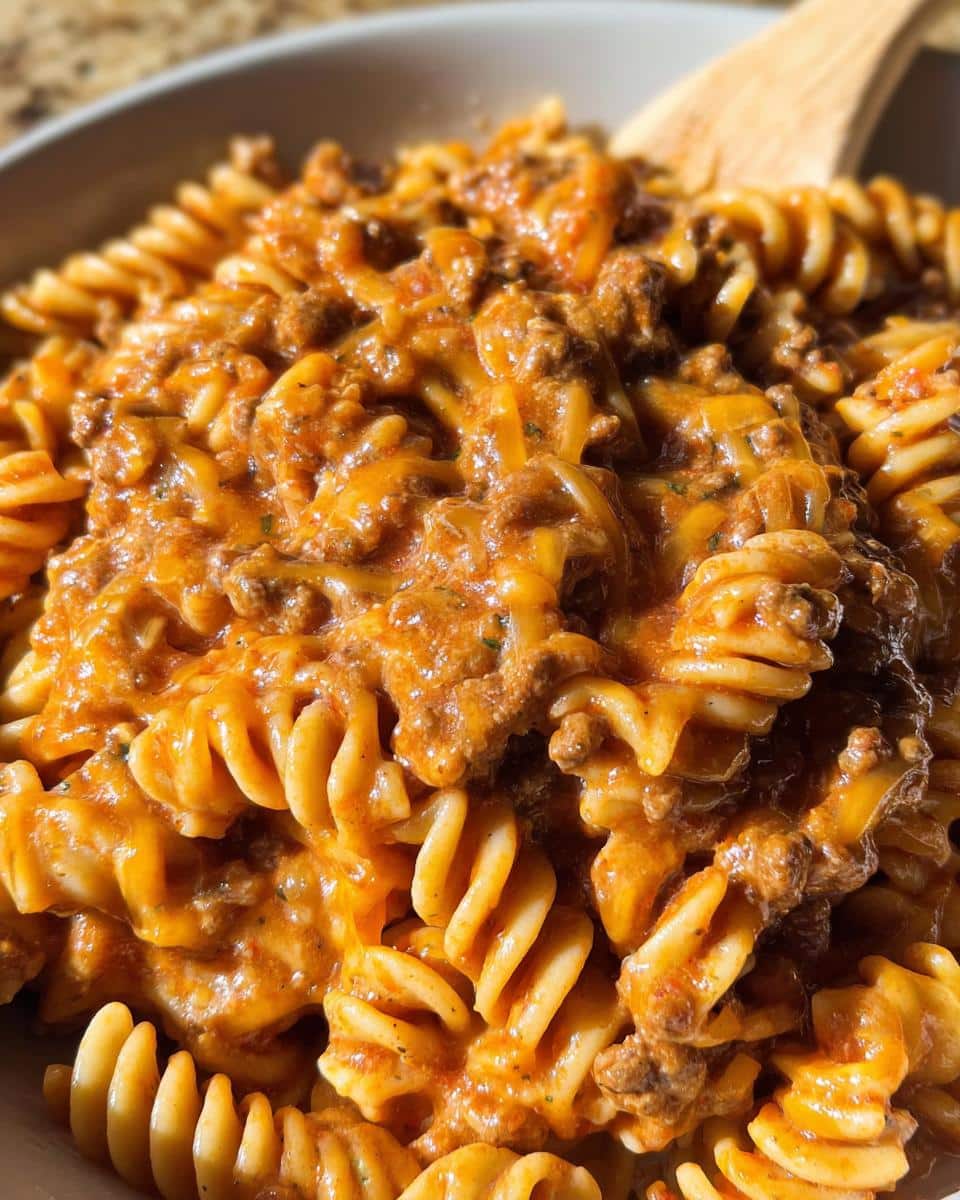 Close-up of Protein Pasta with Ground Beef mixed in a creamy, cheesy tomato sauce, served in a light-colored bowl.