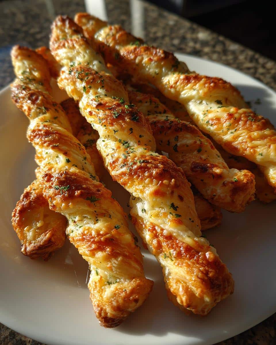 A close-up of several golden brown Puff Pastry Parmesan Twists sprinkled with green herbs on a white plate.