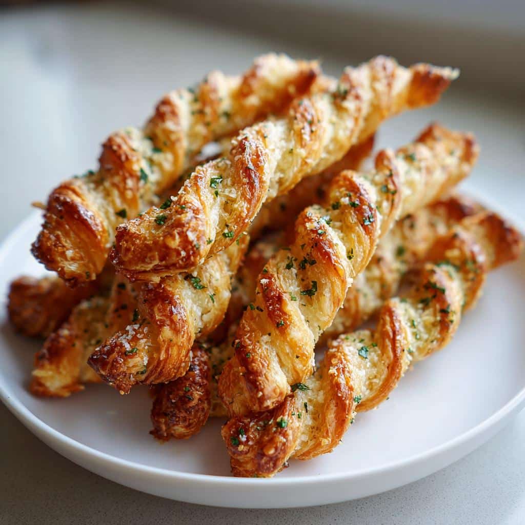 A close-up of flaky, golden Puff Pastry Parmesan Twists sprinkled with cheese and parsley, piled high on a white plate.