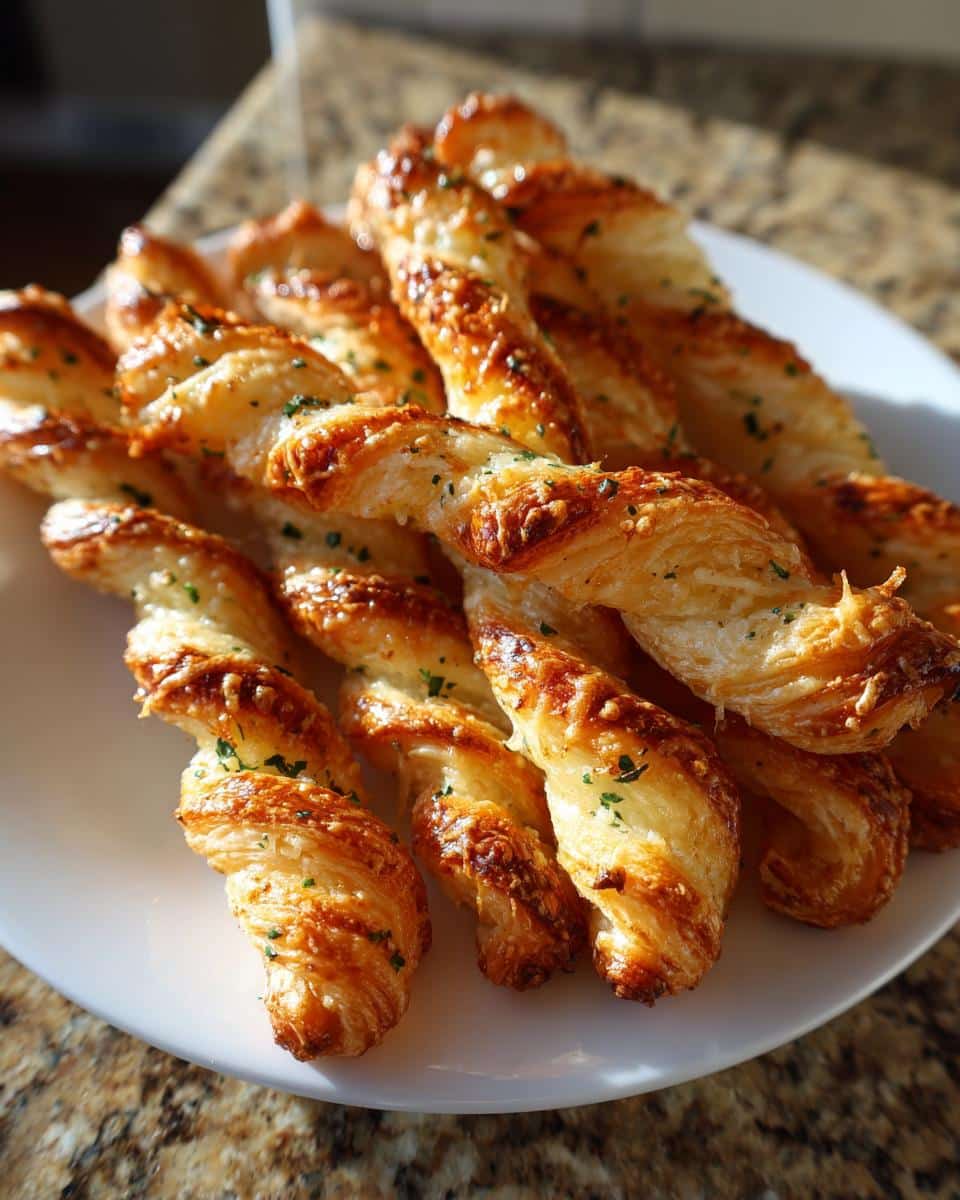 A pile of golden, flaky Puff Pastry Parmesan Twists sprinkled with green herbs on a white plate.