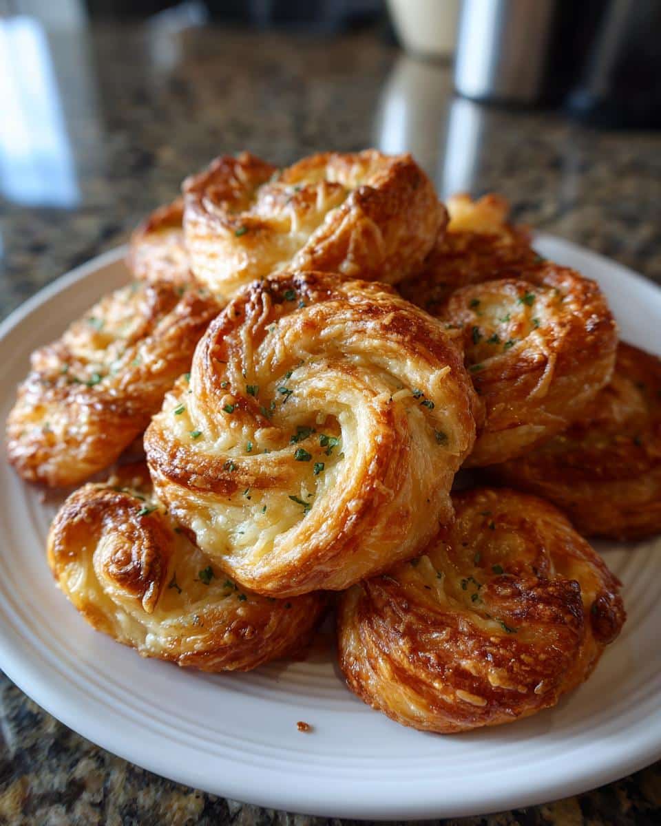 A pile of golden brown, flaky Puff Pastry Parmesan Twists sprinkled with green herbs on a white plate.