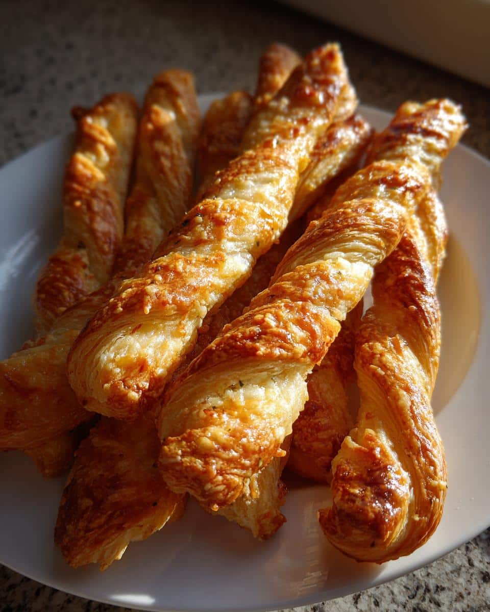 A pile of golden brown, flaky Puff Pastry Parmesan Twists stacked on a white plate, catching the sunlight.