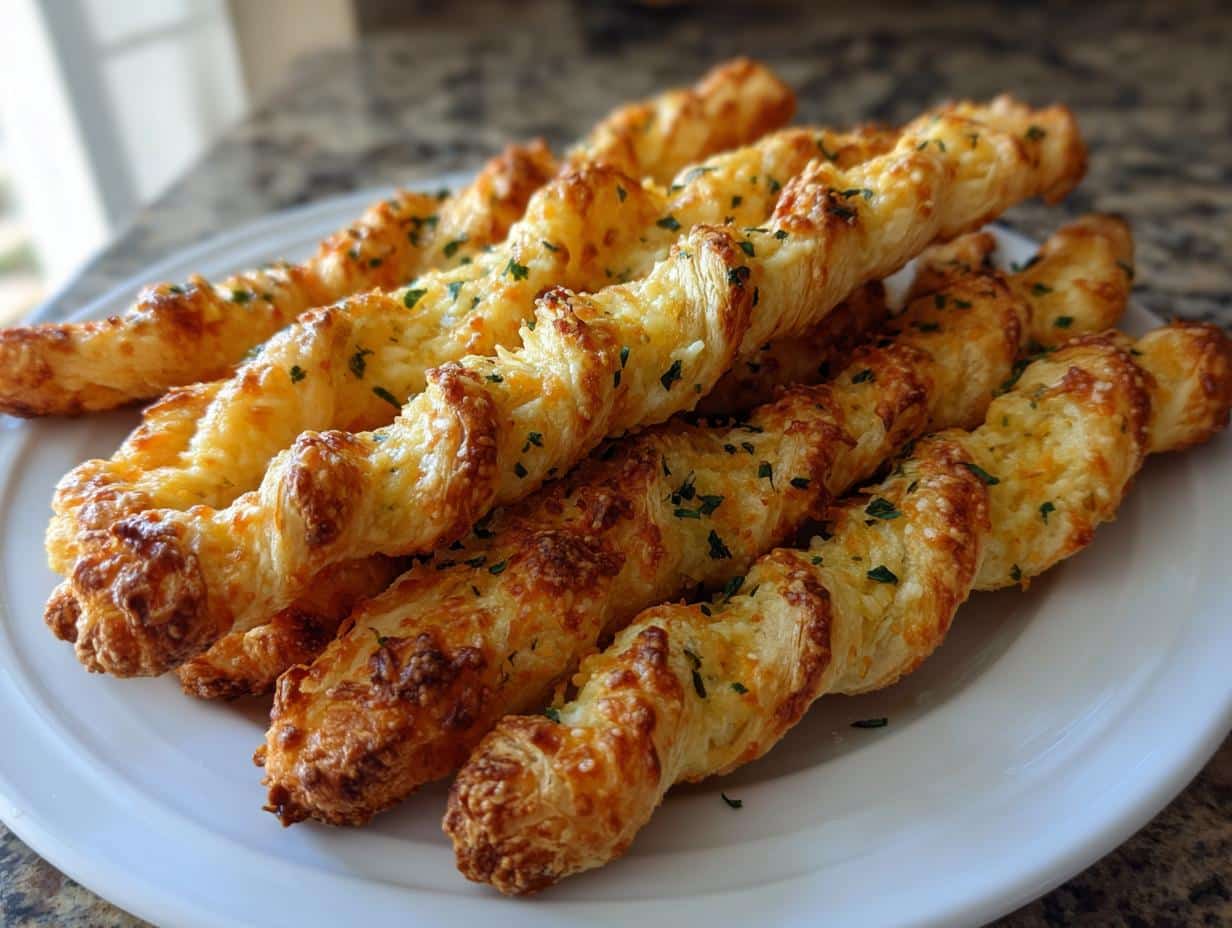 A close-up of several golden, baked Puff Pastry Parmesan Twists stacked on a white plate, sprinkled with parsley.