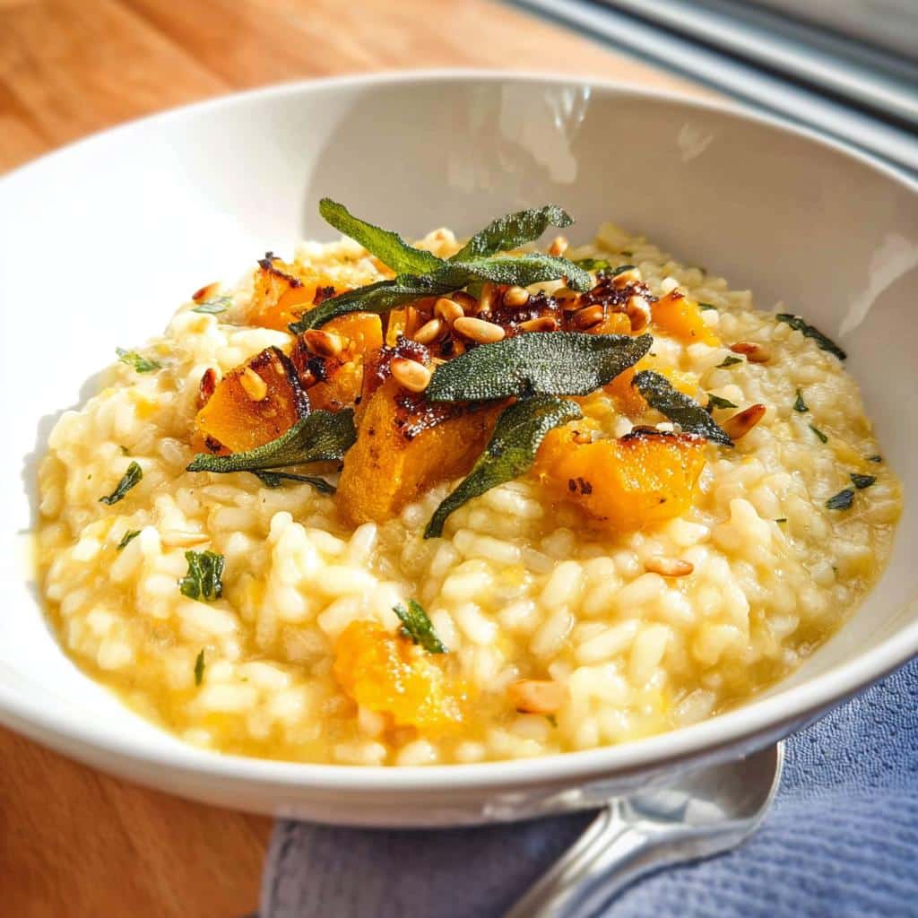 Close-up of creamy Pumpkin & Sage Thermomix Risotto topped with roasted pumpkin chunks, fried sage leaves, and pine nuts.