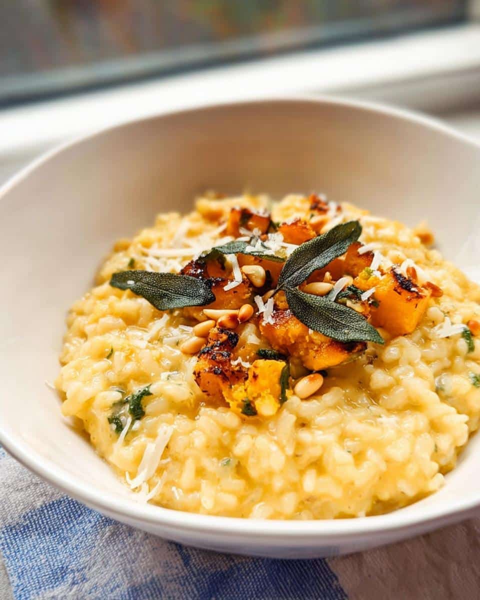 A close-up of creamy Pumpkin & Sage Thermomix Risotto topped with roasted pumpkin, sage leaves, pine nuts, and Parmesan.