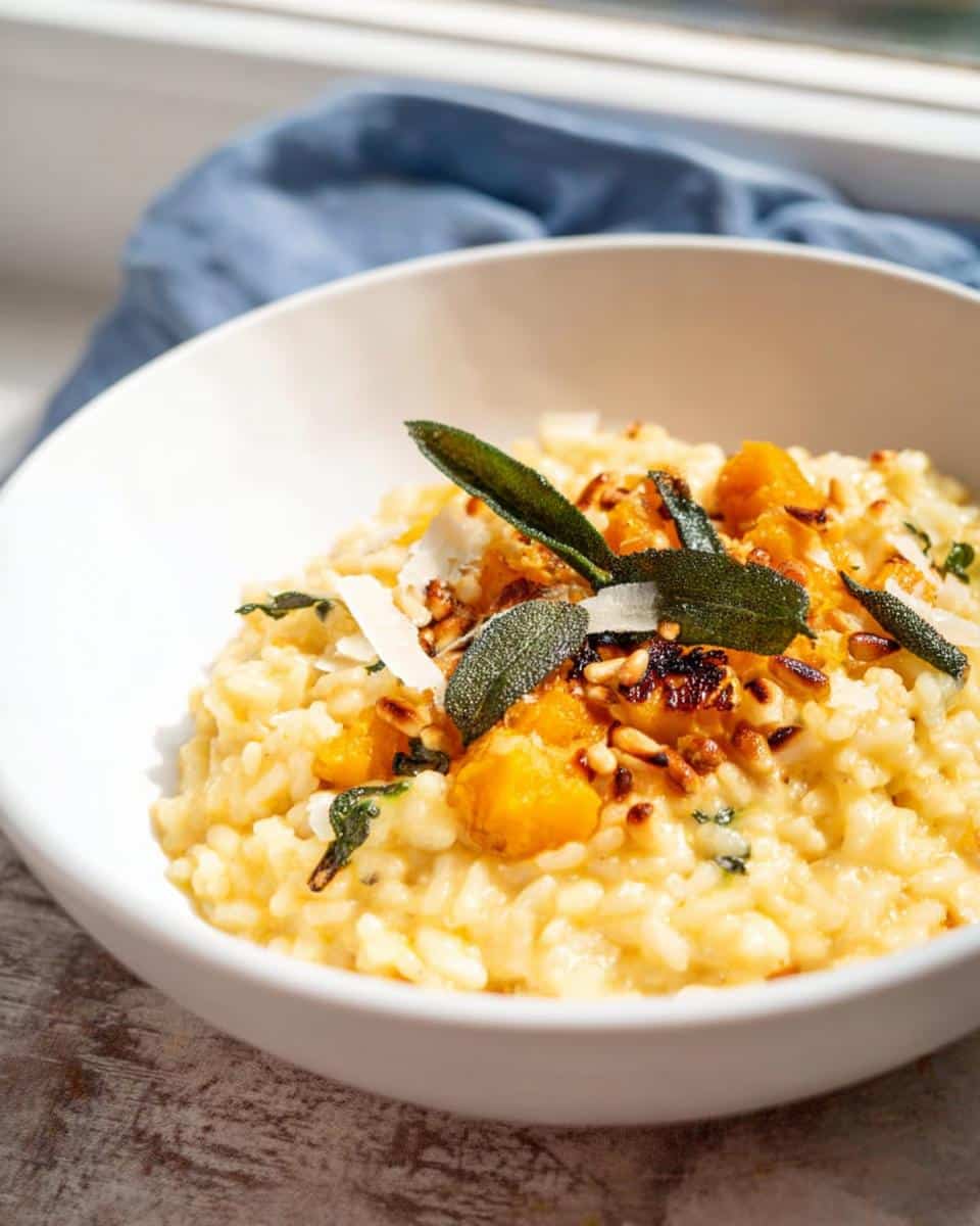 Close-up of creamy Pumpkin & Sage Thermomix Risotto topped with roasted pumpkin, crispy sage leaves, and Parmesan shavings.