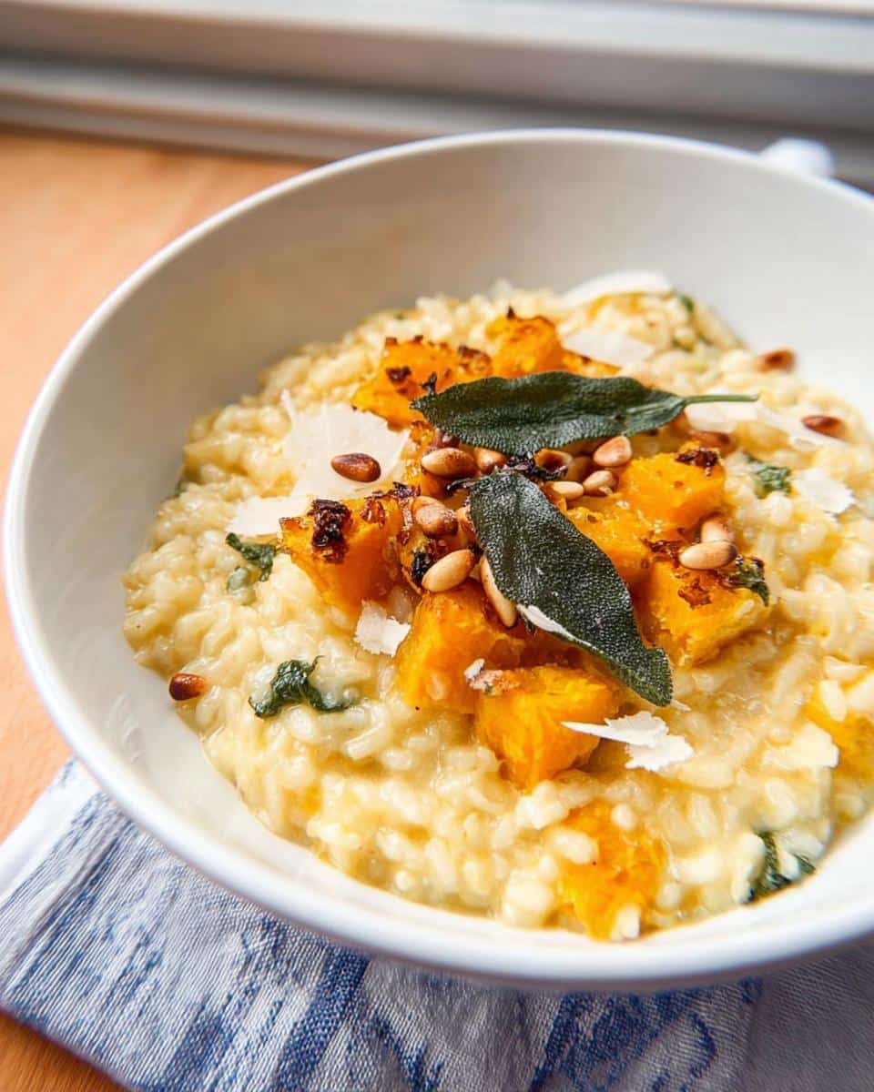 A close-up of creamy Pumpkin & Sage Thermomix Risotto topped with roasted pumpkin, pine nuts, and sage leaves.