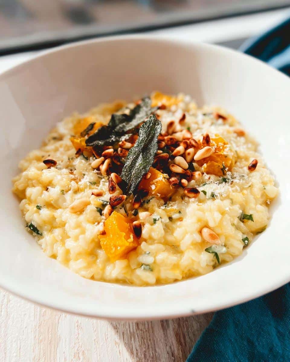 Close-up of creamy Pumpkin & Sage Thermomix Risotto topped with roasted pine nuts, fried sage leaves, and Parmesan.