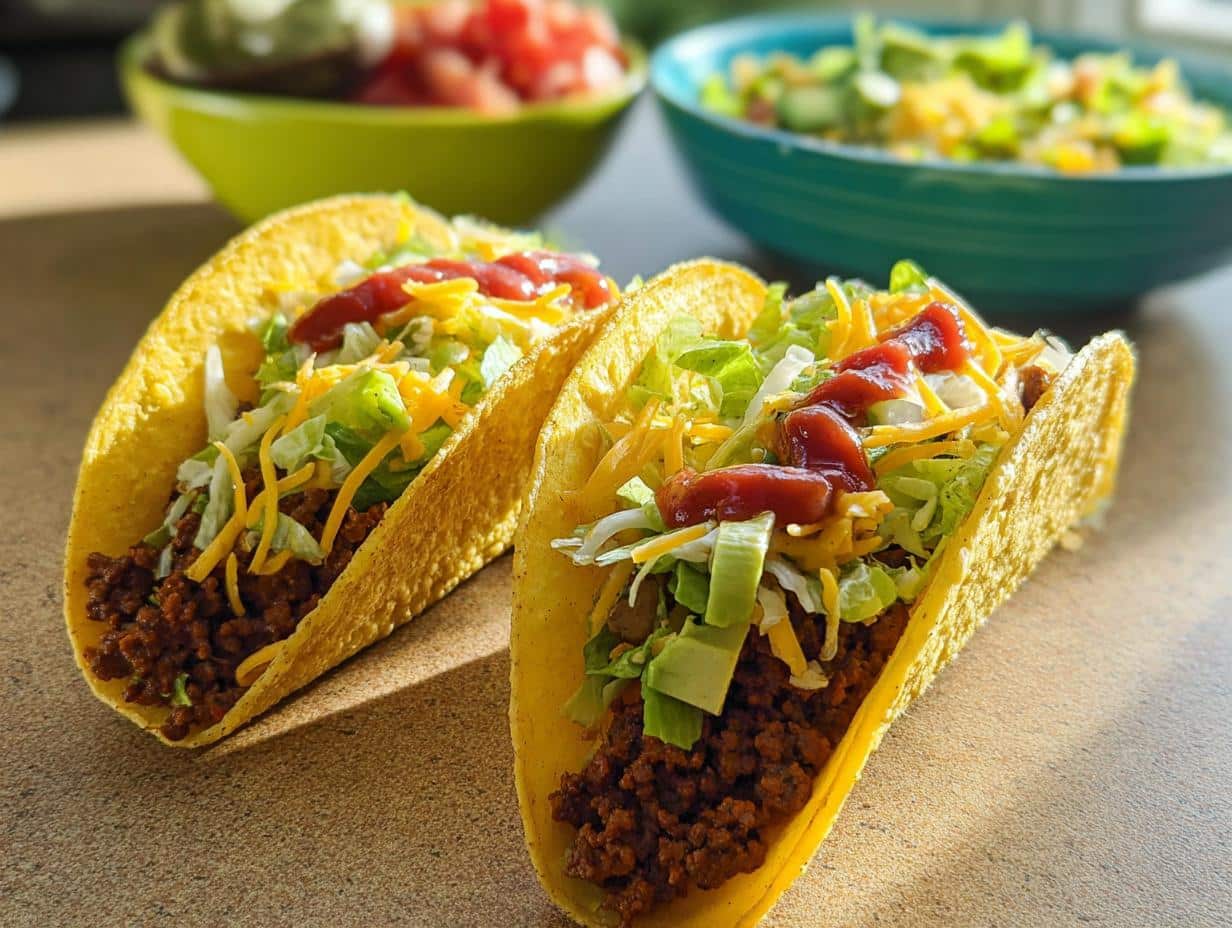 Close-up of two crunchy shell Quick Beef Tacos filled with seasoned ground beef, lettuce, cheese, and topped with salsa.