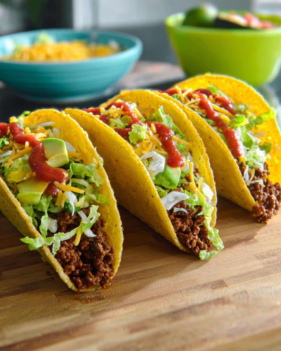 Four hard shell Quick Beef Tacos filled with seasoned ground beef, lettuce, cheese, avocado, and salsa on a wooden board.