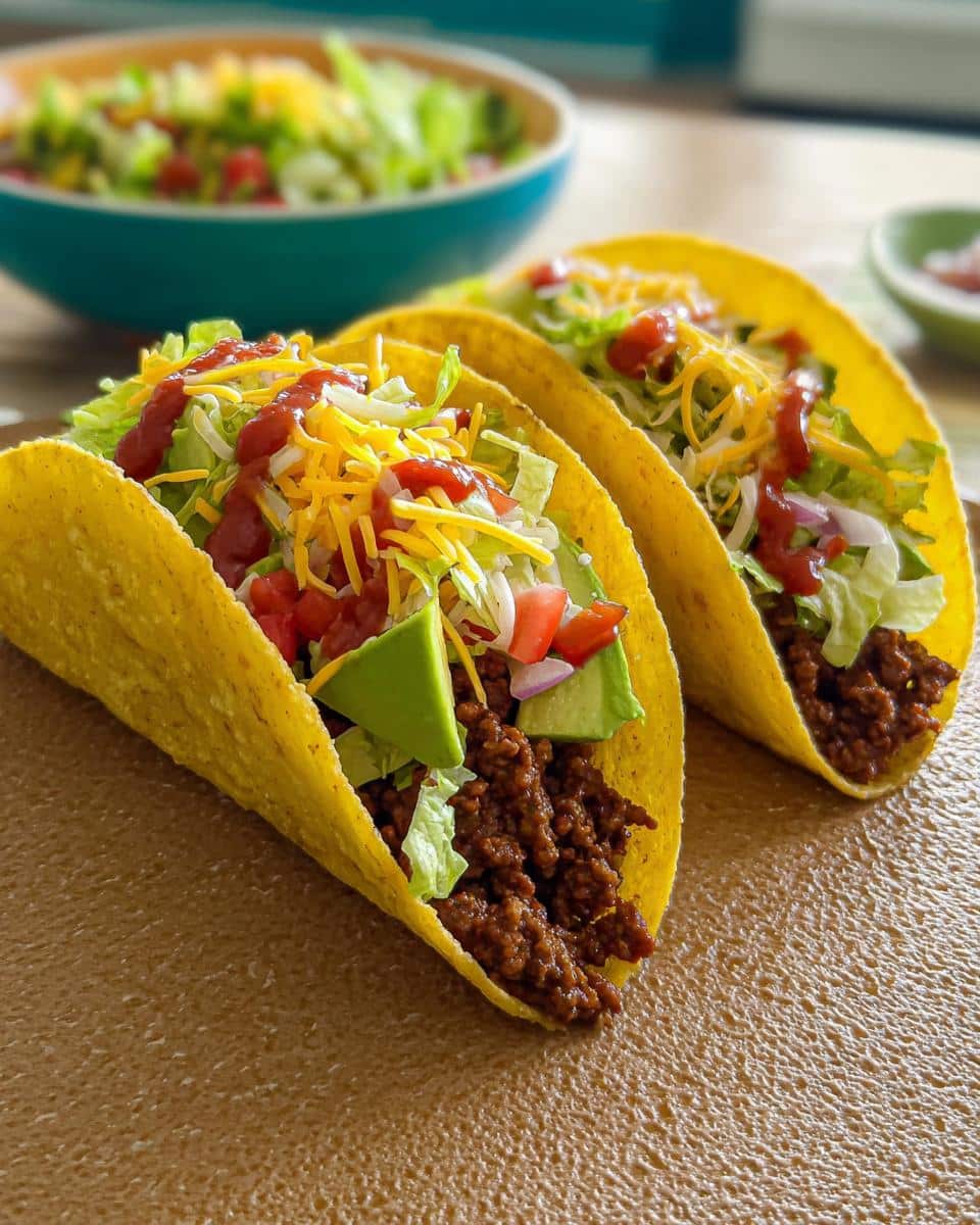 Two crispy shell Quick Beef Tacos filled with seasoned ground beef, lettuce, cheese, avocado, and salsa.